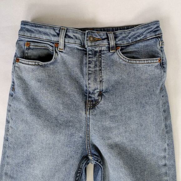 Motel Denim Jeans M Blue Split Hem Straight Leg Medium Wash Stretch Zipper Fly - Picture 3 of 11